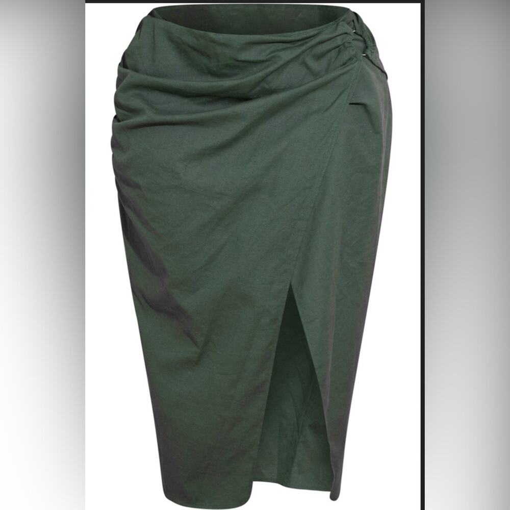 Grecian Amalfi Resort Safari Olive Linen Wrap Skirt O-Ring Ruched Slit 24W NWT